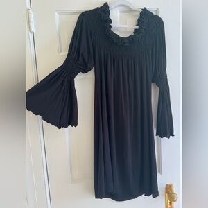 Union of Angels Black Midi Flare sleeve dress Women’s Large Ruffle neckline